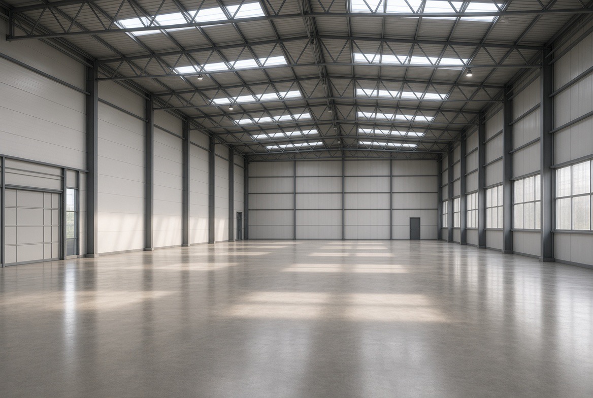 Empty clear-span warehouse hall with polished concrete floor and roof skylights