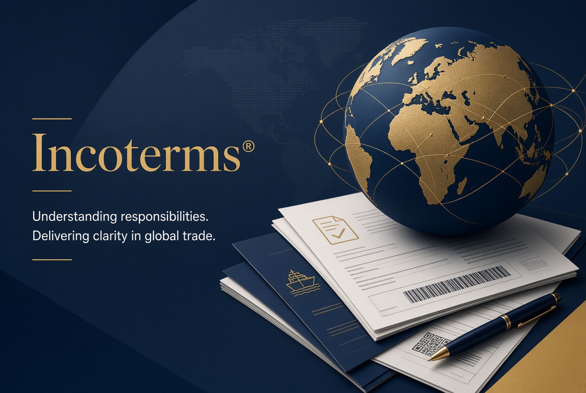 Navy and gold Incoterms graphic with a globe resting on shipping documents