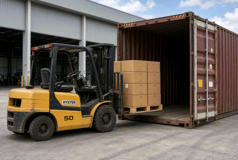 Forklift loading a pallet of cartons into a shipping container at a warehouse yard