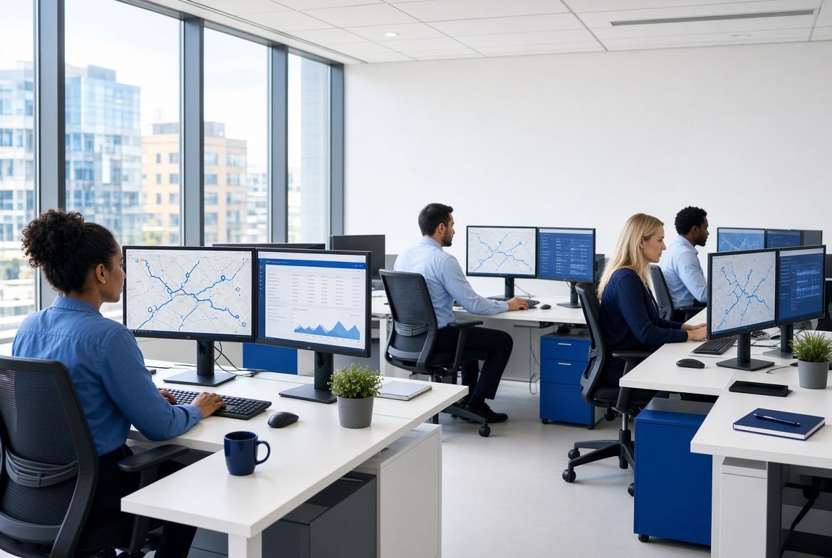 Logistics coordinators working at desks with route maps and dashboards on dual monitors