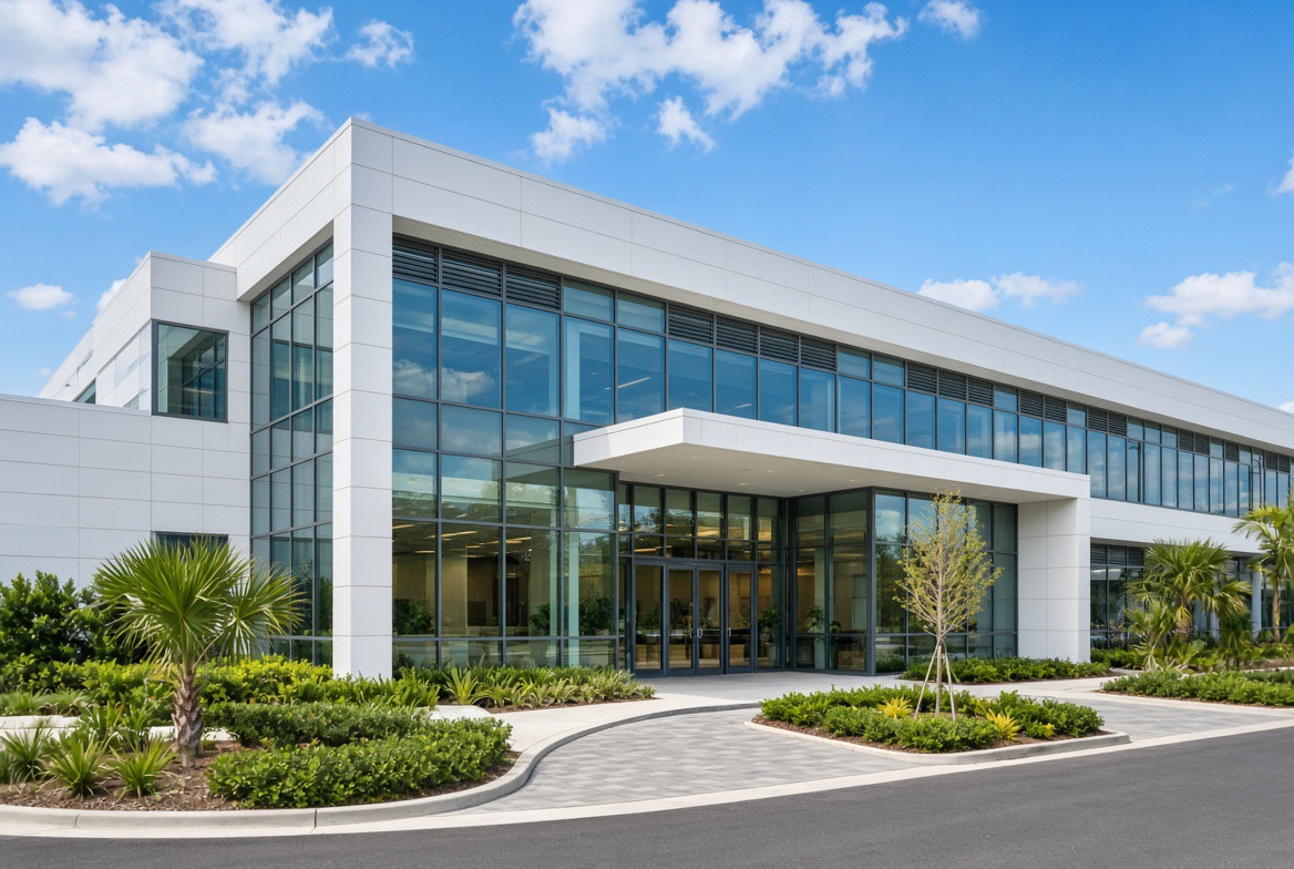 Exterior of the BluePeak Global Logistics office building with glass frontage and landscaped entrance