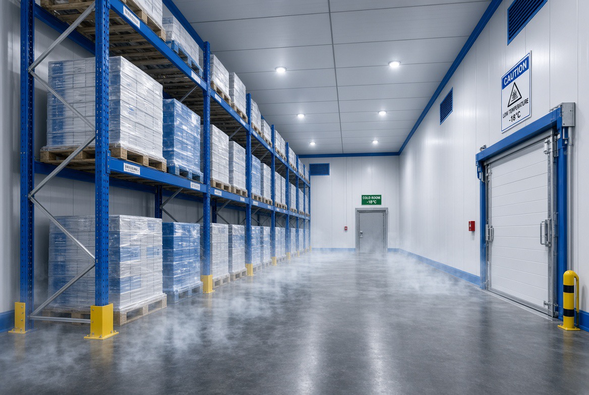 Cold storage room at minus 18 degrees with wrapped pallets on blue racking and frost vapour