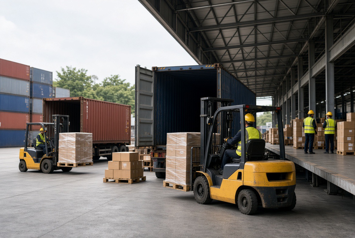Forklifts moving wrapped pallets between shipping containers and a warehouse loading dock