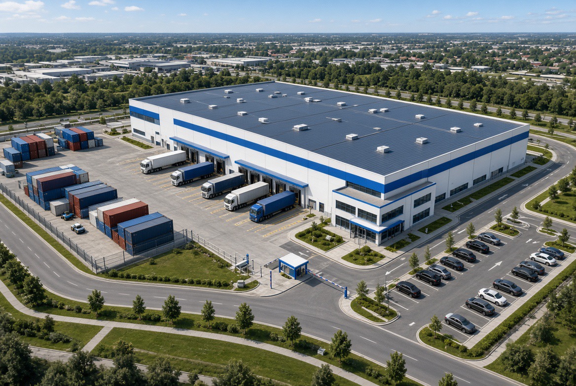 Aerial view of a BluePeak logistics hub with trailers docked around the warehouse