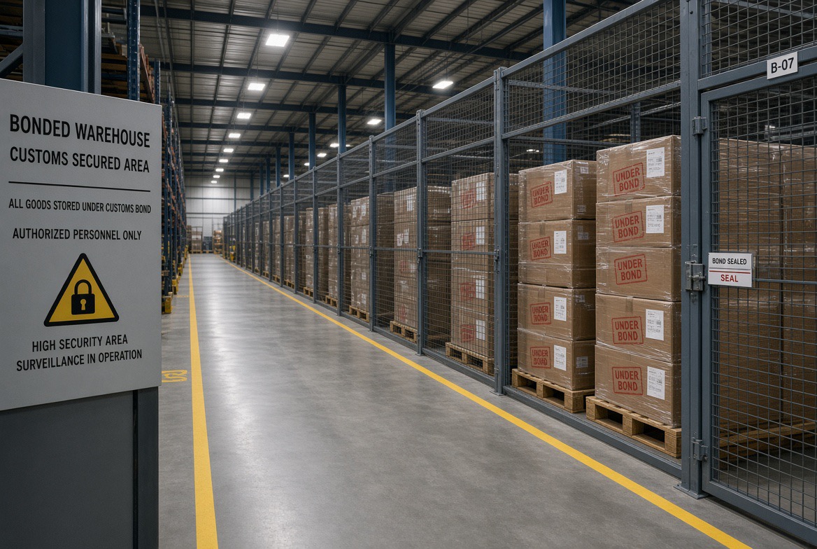 Bonded warehouse aisle with racked pallets and a forklift moving stock under customs control