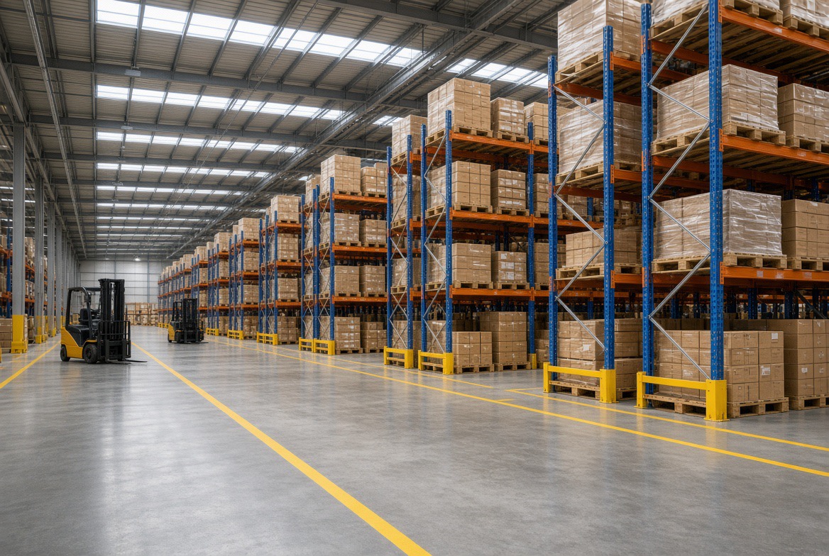 Large warehouse with tall pallet racking loaded with cartons and a forklift in the aisle