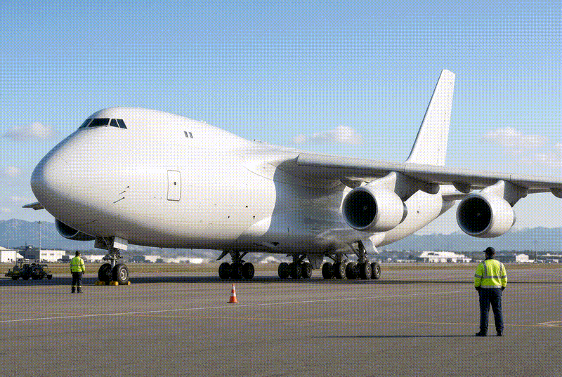 Wide-body cargo freighter aircraft on the apron with ground crew in high-visibility vests
