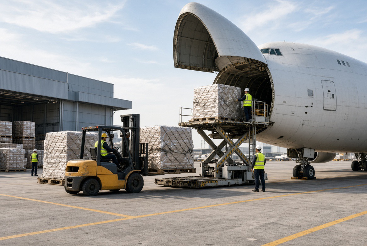 Forklift and ground crew loading netted air cargo pallets into the nose door of a freighter aircraft