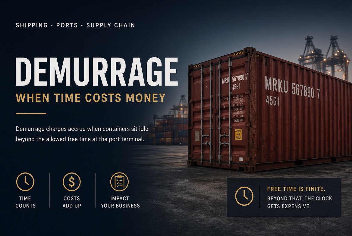 Dark blue graphic reading Demurrage — when time costs money beside a rust-red shipping container at a port