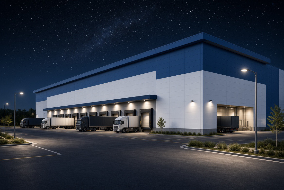 Logistics warehouse at night with trailers parked at illuminated loading docks