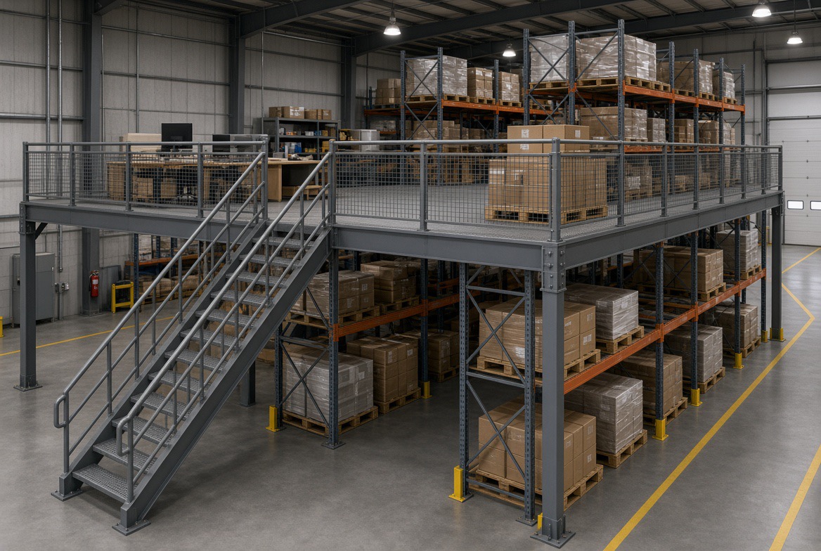 Steel mezzanine platform inside a warehouse with pallet racking below and workstations above