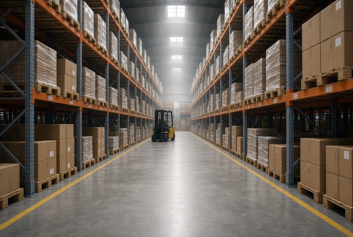 Warehouse pick aisle between two rows of racking stacked with wrapped pallets