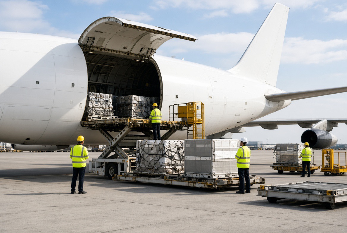 Ground crew loading palletised air cargo into the hold of a freighter aircraft on the apron