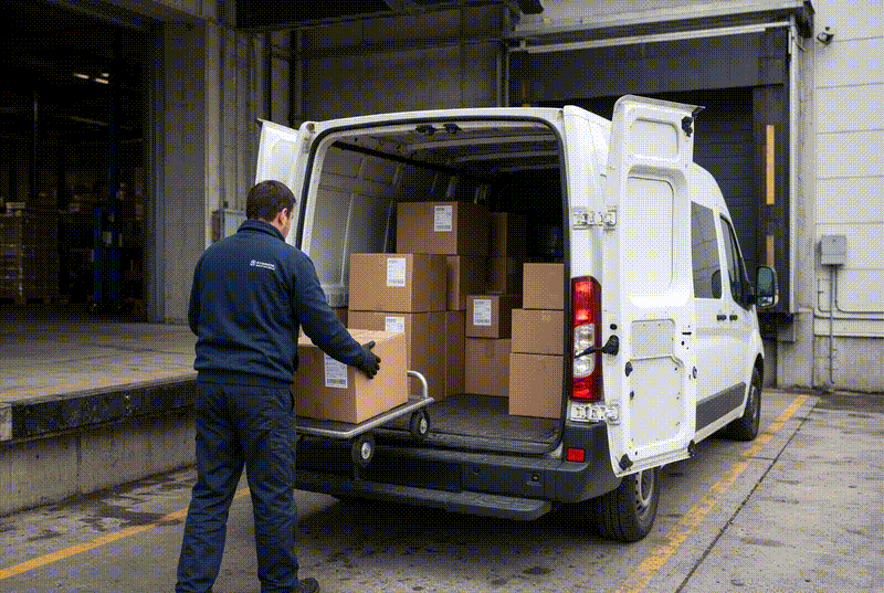 Courier loading labelled cartons into the back of a delivery van at a loading dock