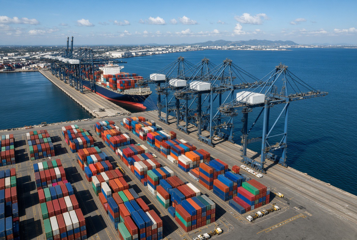 Ship-to-shore cranes working a container vessel at a BluePeak partner terminal at dusk