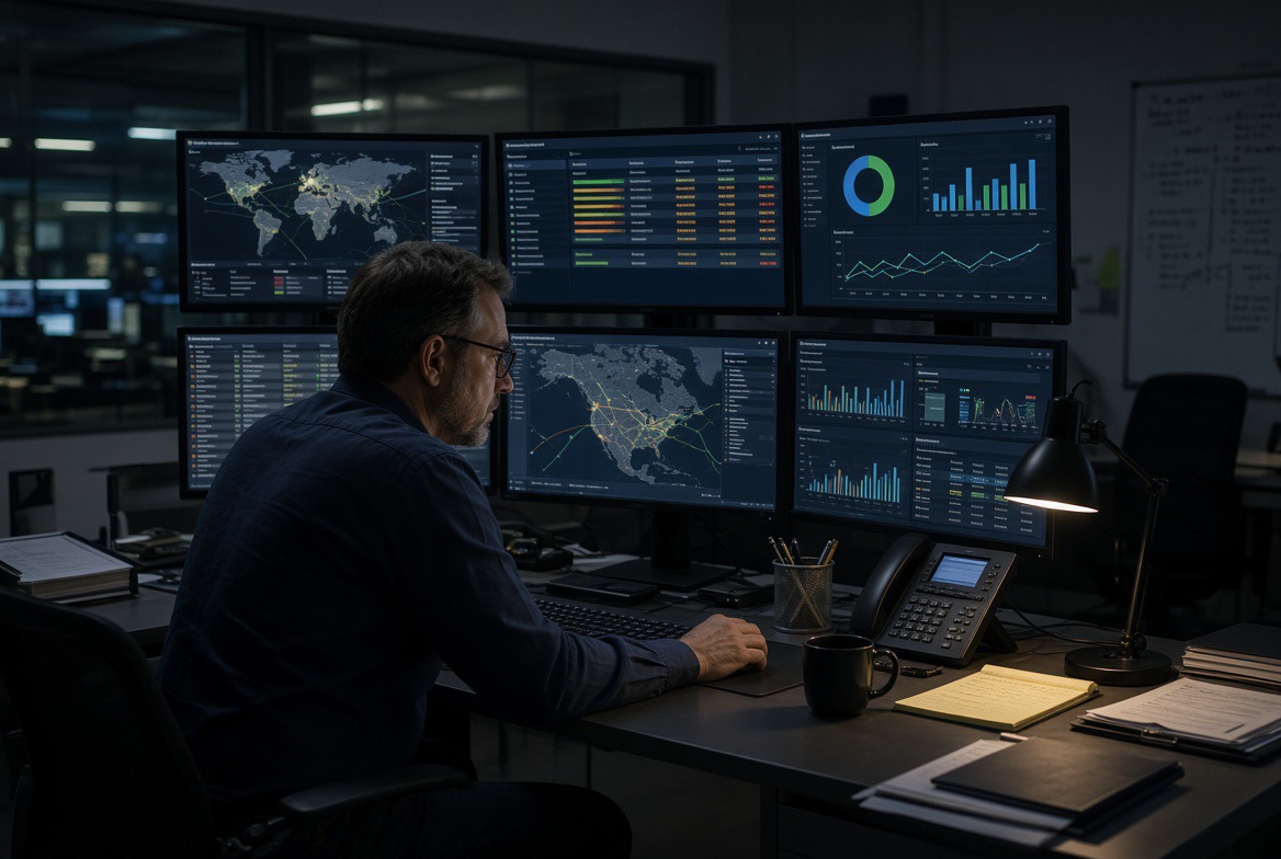 Logistics coordinator monitoring shipment maps and dashboards on six screens at night