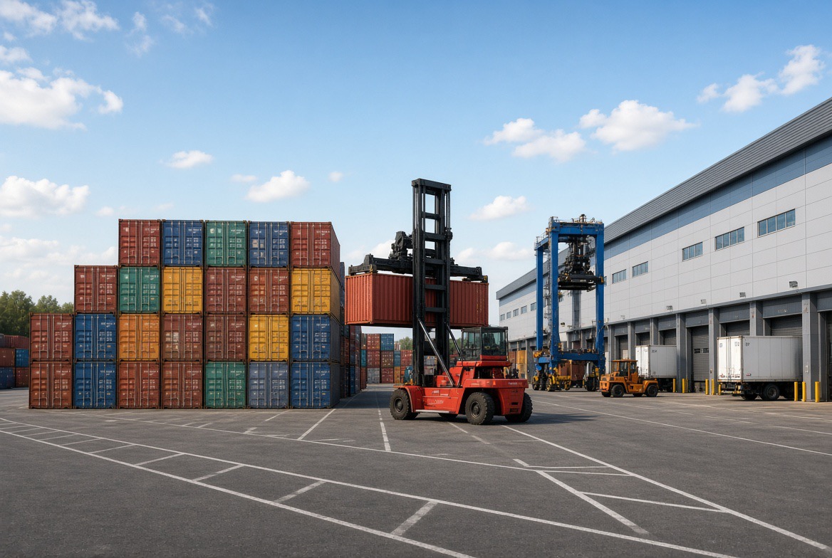Stacked shipping containers with a red reach stacker lifting a container in a terminal yard