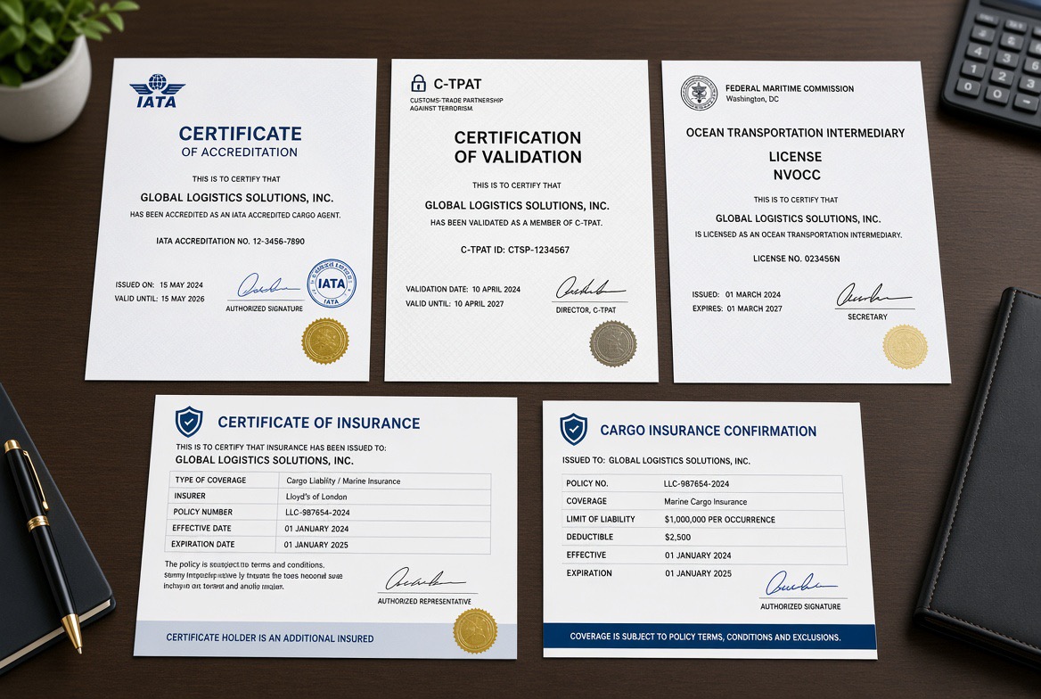IATA accreditation, C-TPAT validation, FMC NVOCC licence and cargo insurance certificates laid out on a desk