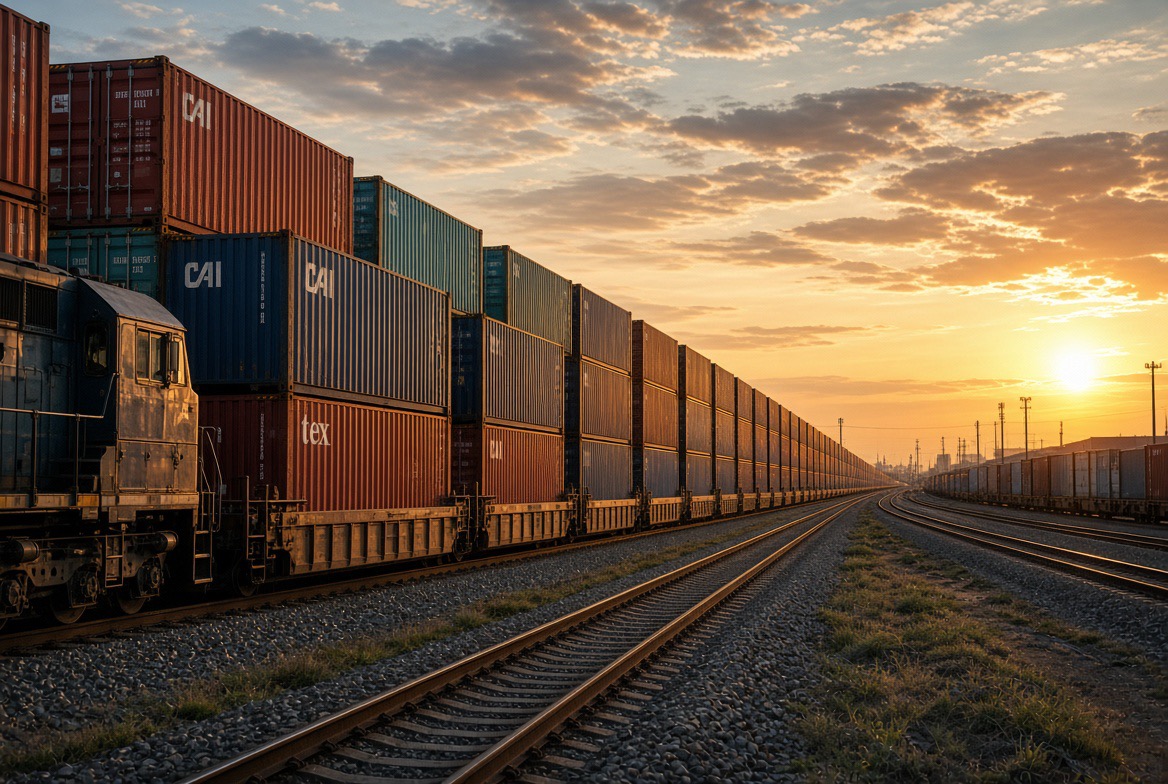 Intermodal rail terminal with containers being craned onto flatcars