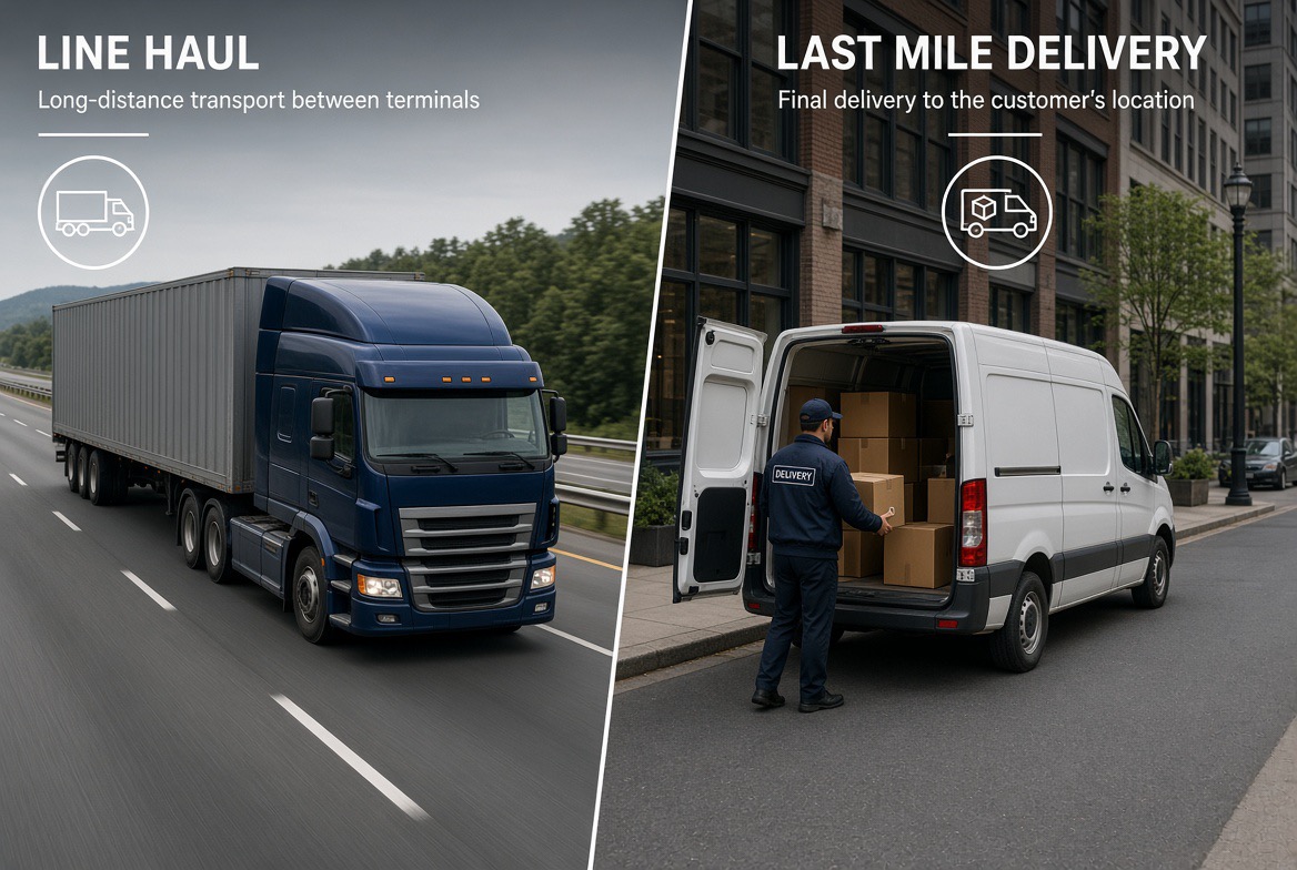 Line-haul trailers and a last-mile delivery van loading at a distribution depot