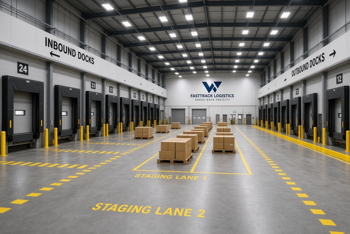 Cross-dock warehouse interior with inbound and outbound dock doors and yellow staging lanes