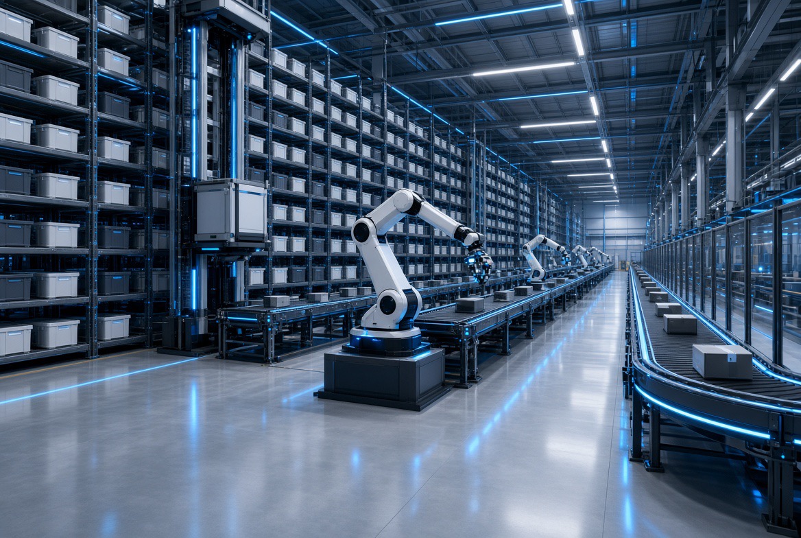 Automated warehouse with robotic pick arms, conveyors and tall tote racking under blue lighting