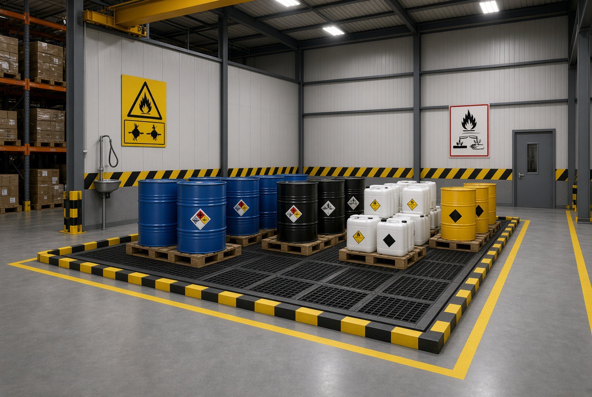 Hazardous goods storage bay with labelled drums on bunded pallets and warning signage
